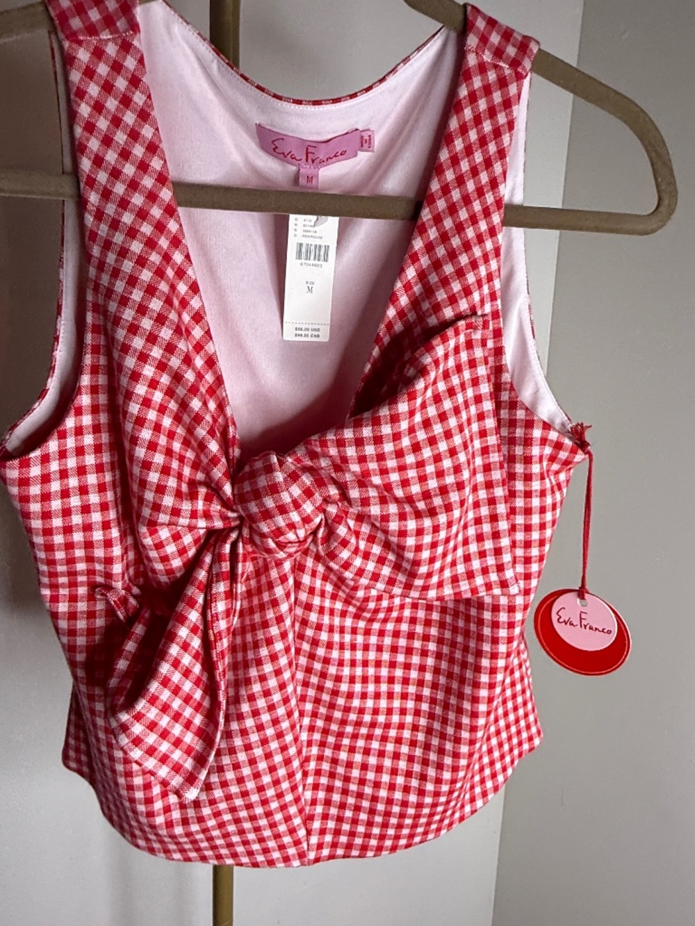 Eva Franco NWT Gingham Bow Front Crop Top Size Medium Red White - Picture 9 of 10